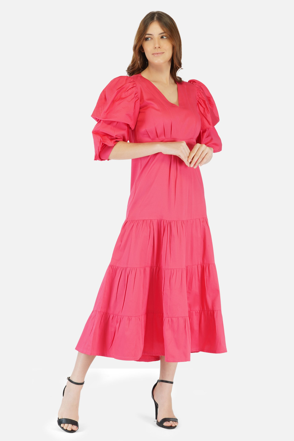 Breezy tiered cotton midi dress pink