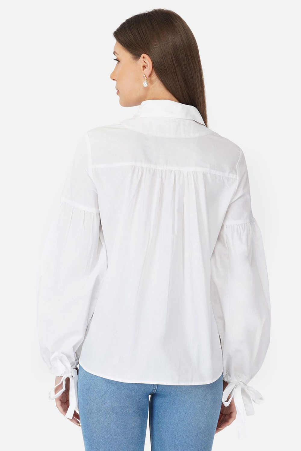 White cotton full sleeves top with knotted sleeves