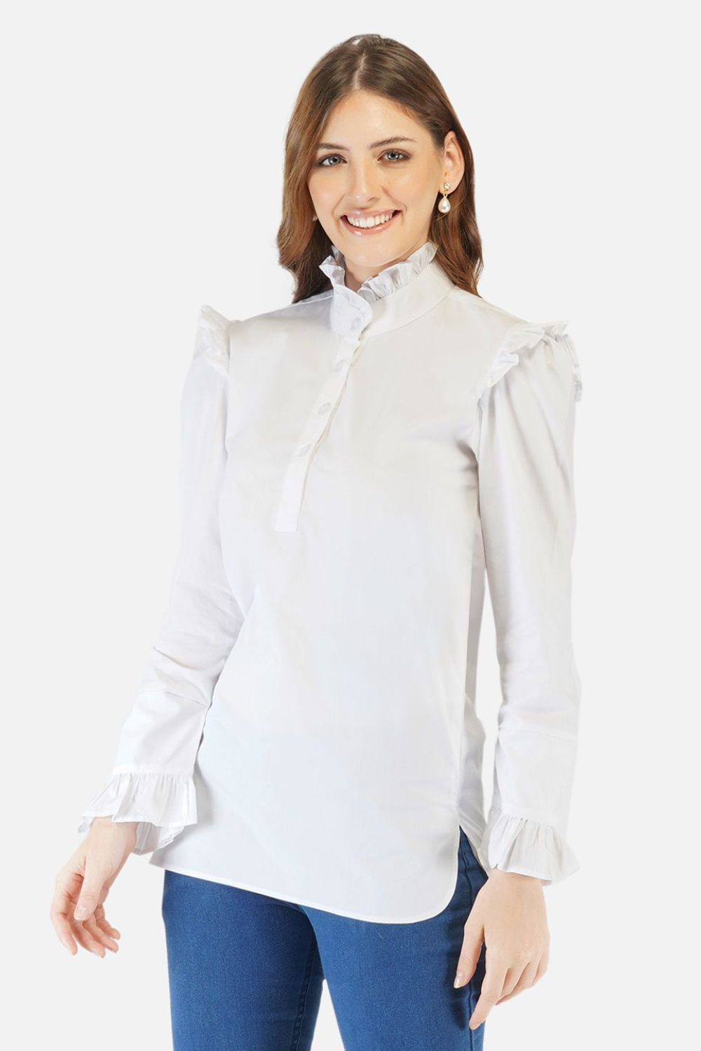 White frill neck top with frills on sleeves