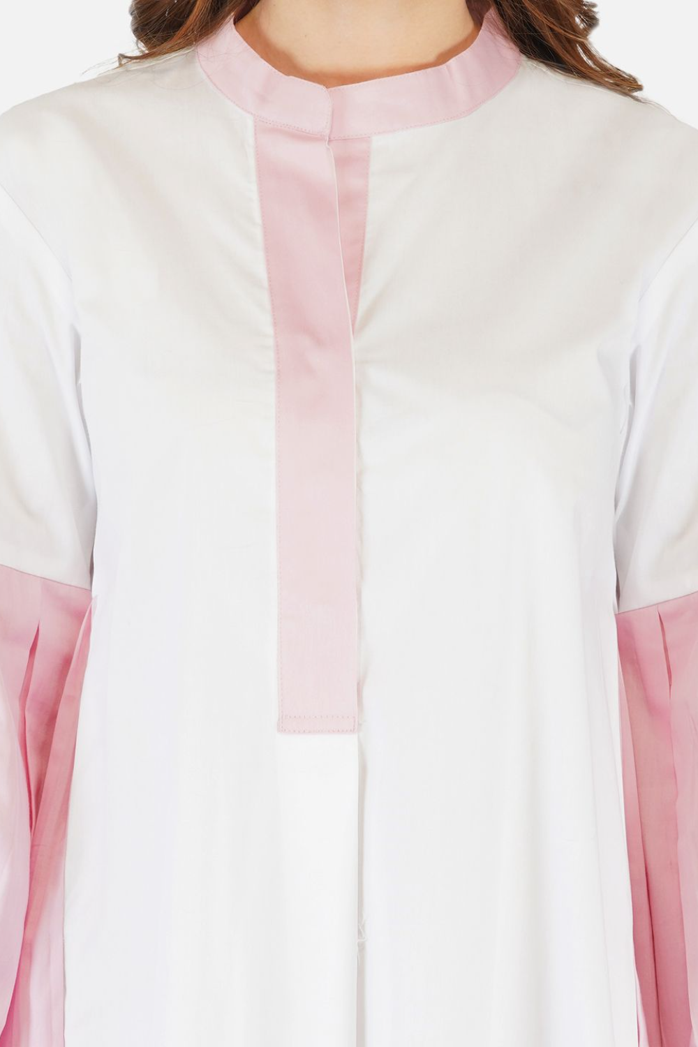 White and pink pleated shirt dress