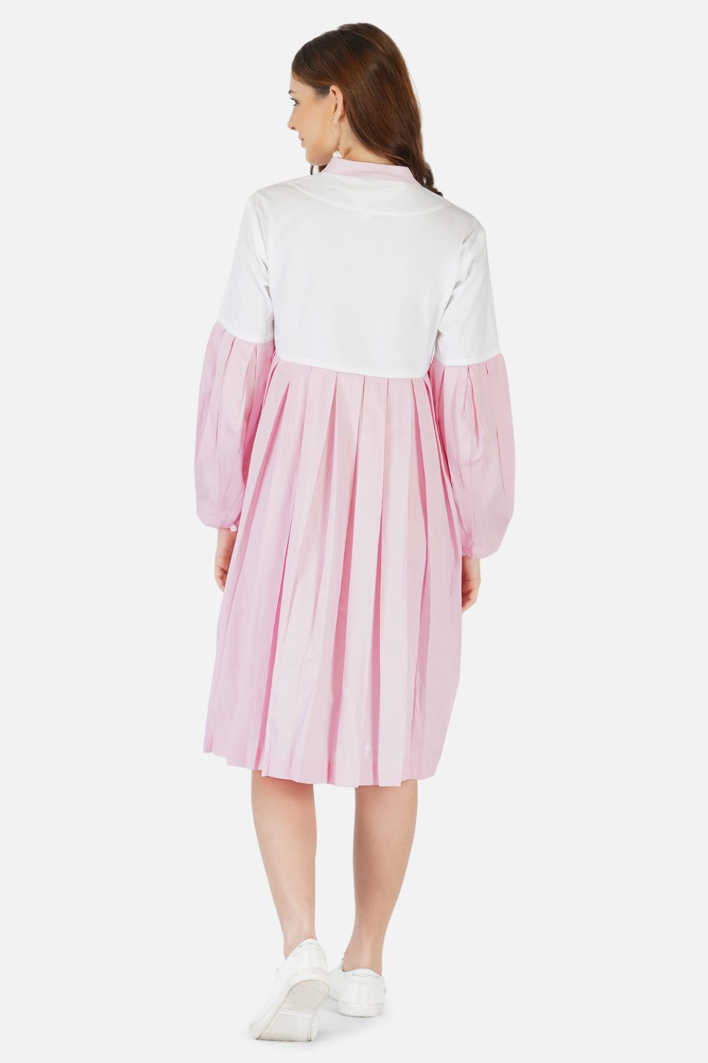 White and pink pleated shirt dress