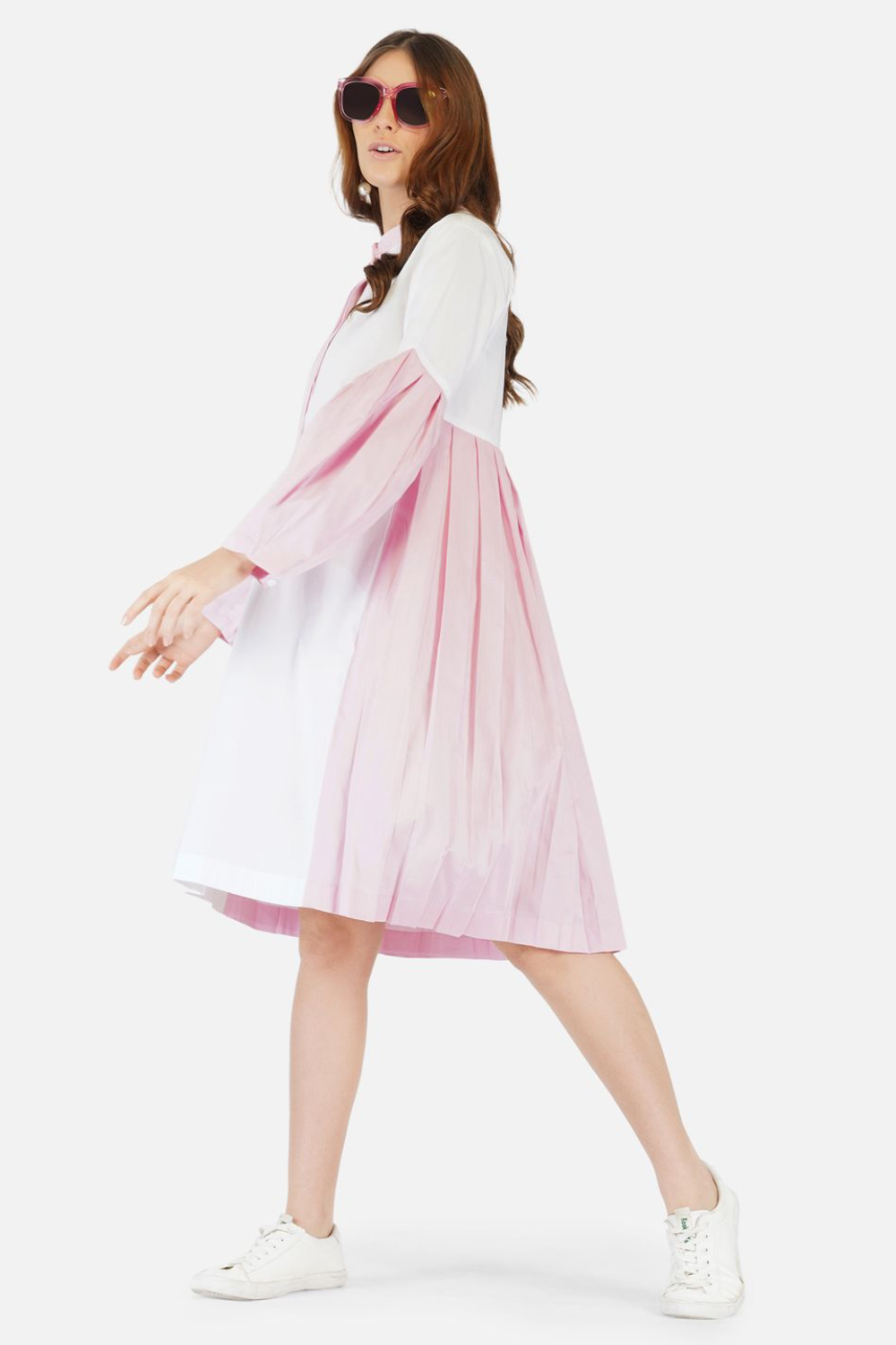 White and pink pleated shirt dress