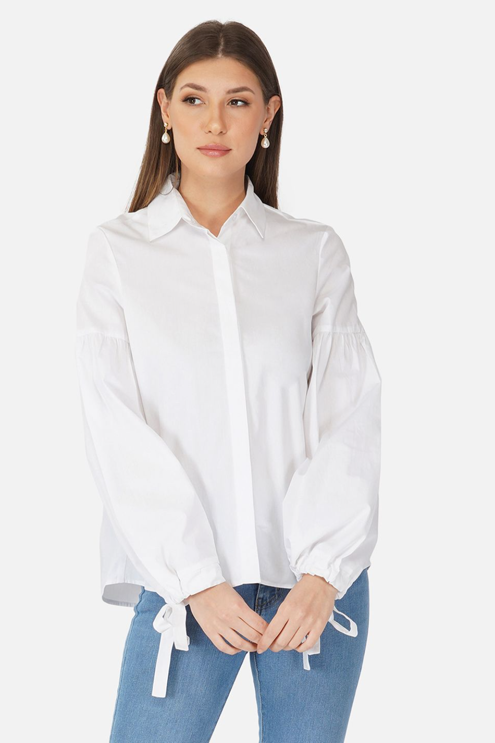 White cotton full sleeves top with knotted sleeves