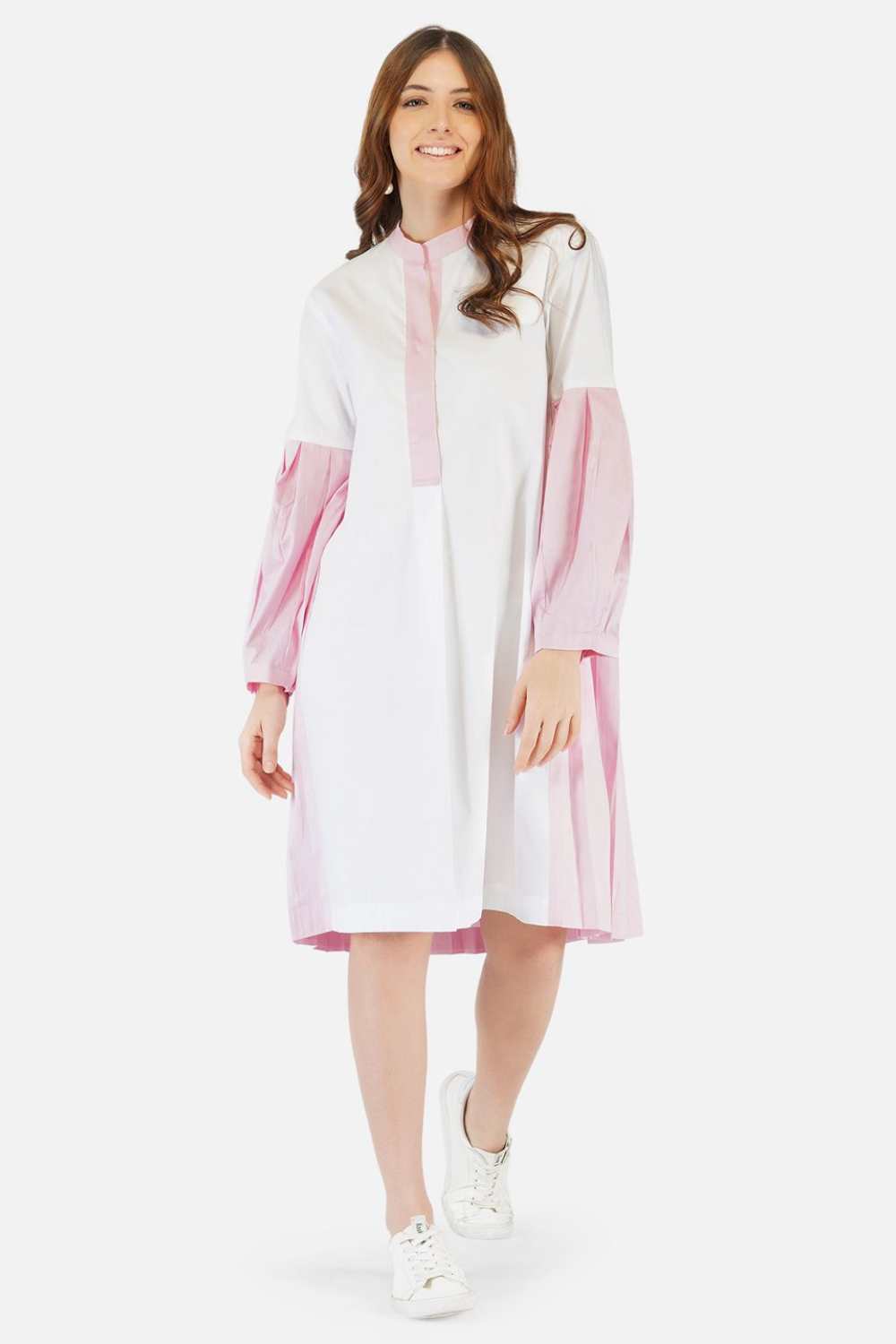 White and pink pleated shirt dress