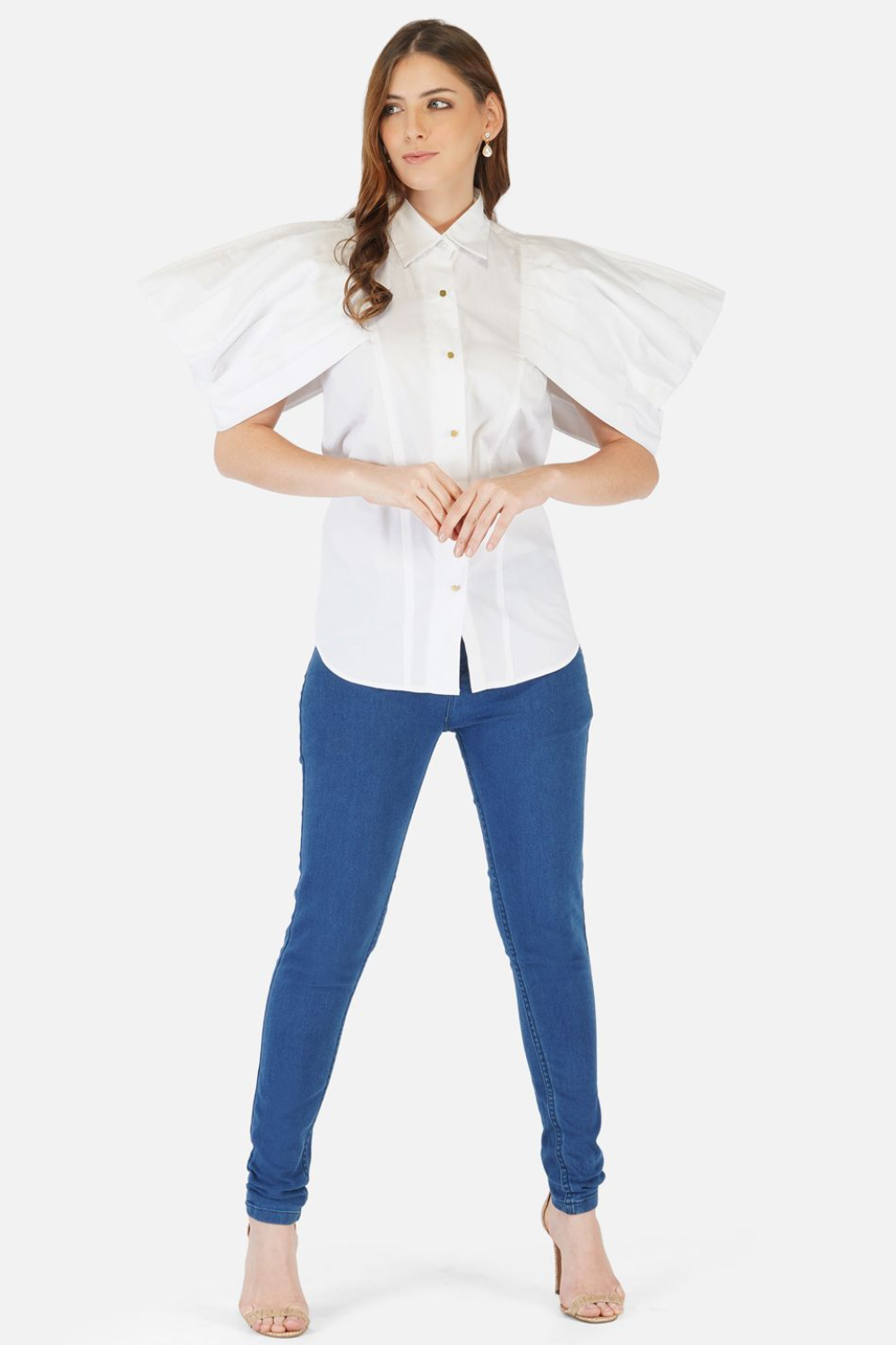 White shirt with pleated cape sleeves