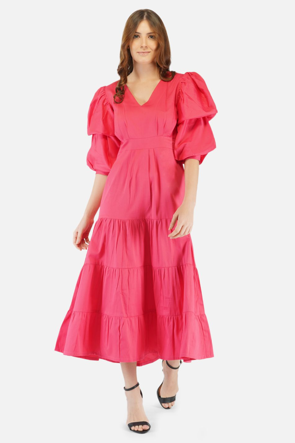 Breezy tiered cotton midi dress pink