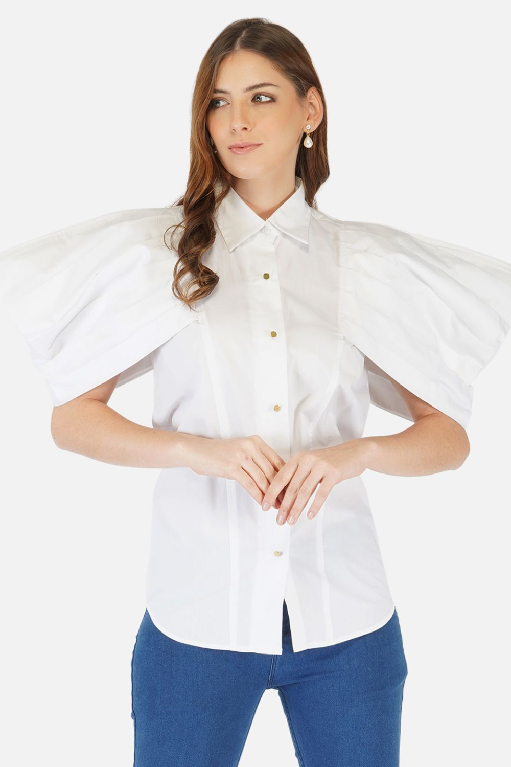 White shirt with pleated cape sleeves