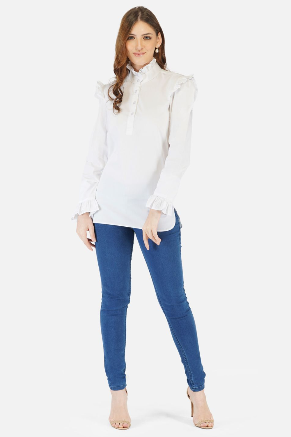 White frill neck top with frills on sleeves