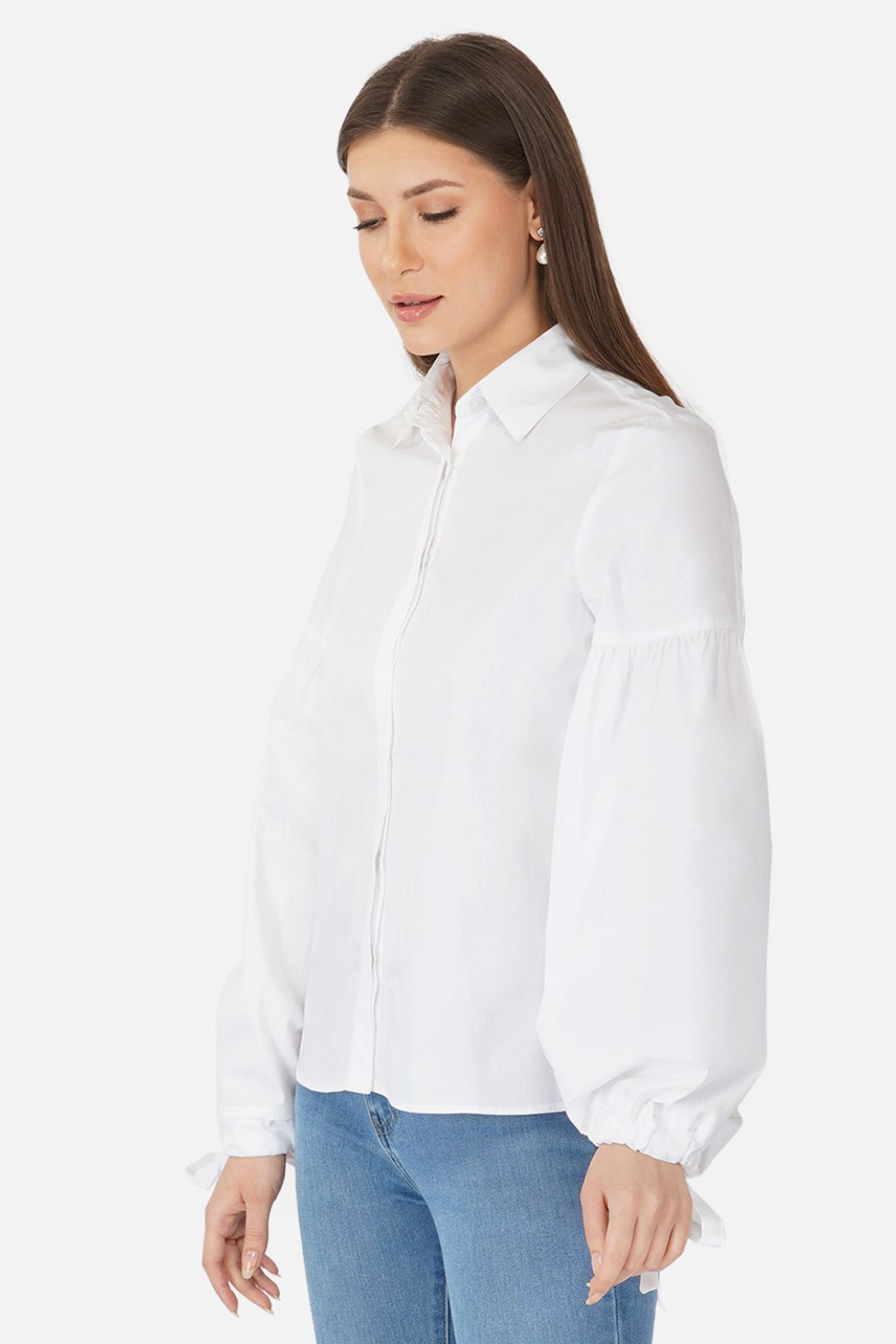 White cotton full sleeves top with knotted sleeves